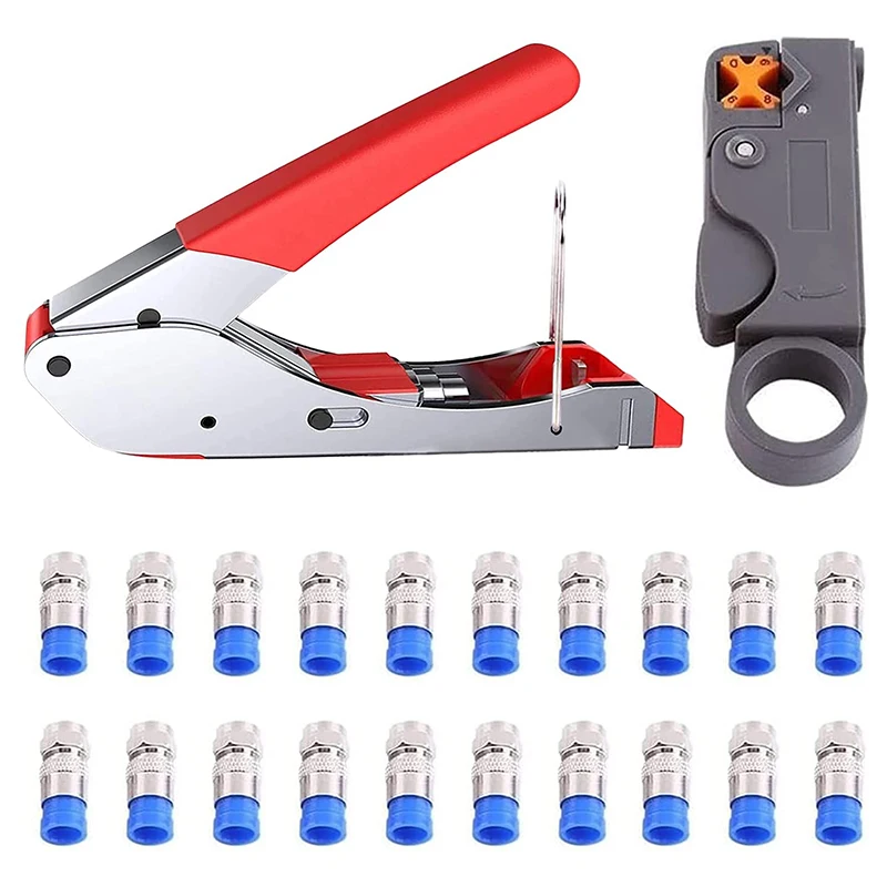 Compression Pliers, Plug Tool Coaxial Cable Stripper RG59/RG6 Crimper Coaxial Cable With 20 Pieces F-Connectors
Compression Pliers, Plug Tool Coaxial Cable Stripper RG59/RG6 Crimper Coaxial Cable With 20 Pieces F-Connectors