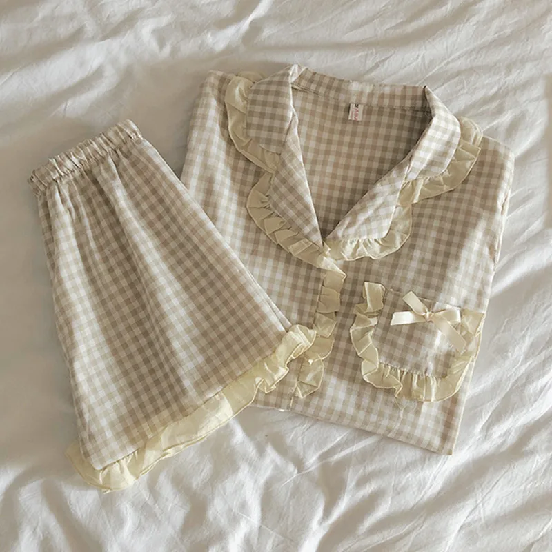 Fdfklak Korean New Lapel Short Sleeve Pajamas Women Home Clothes Pockets Summer Sleepwear Set Plaid Night Pyjama Pour Femme
Fdfklak Korean New Lapel Short Sleeve Pajamas Women Home Clothes Pockets Summer Sleepwear Set Plaid Night Pyjama Pour Femme