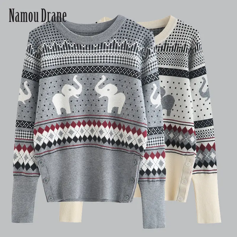 

Namou Drane New Round Neck Pullover Baby Elephant Jacquard Sweater Knitted Cardigan Women's Top for Autumn/winter 2022