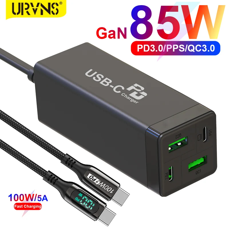 

URVNS GaN 4-Port 85W USB C Power Adapter PD 65W PPS 45W 20W QC3.0 Fast Charging Charger For Xiaomi Samsung iPhone 13 MacBook Pro