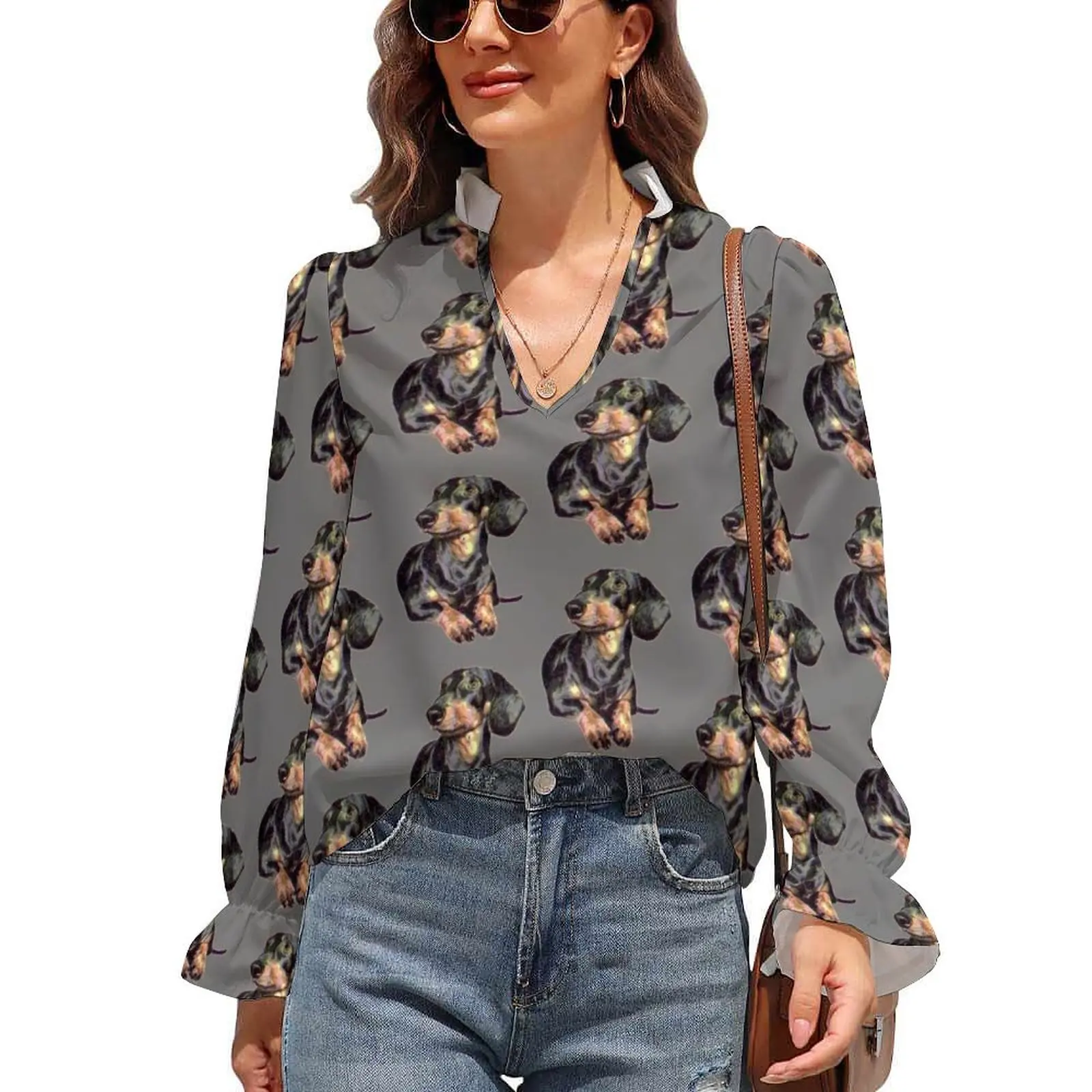 Dachshund Blouse Dog Puffy Vintage Fashion Ladies Shirt V Neck Social Shirts 
Dachshund Blouse Dog Puffy Vintage Fashion Ladies Shirt V Neck Social Shirts