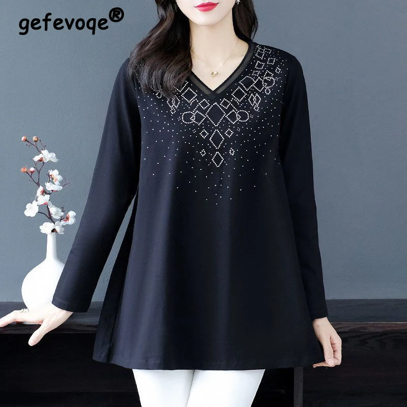 Women Korean Fashion Elegant Rhinestone Oversize Cotton T Shirt Spring Autumn Casual V Neck Long Sleeve Tunic Tops Ropa De Mujer
Women Korean Fashion Elegant Rhinestone Oversize Cotton T Shirt Spring Autumn Casual V Neck Long Sleeve Tunic Tops Ropa De Mujer