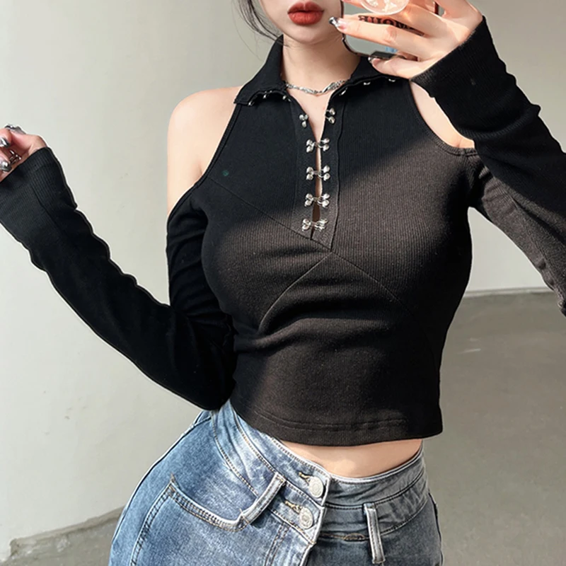 Autumnn Y2K Punk Style T-shirts Women Off Shoulder Long Sleeve Front Buckle Lapel Crop Tops Solid Female Ribbed Slim Pullovers
Autumnn Y2K Punk Style T-shirts Women Off Shoulder Long Sleeve Front Buckle Lapel Crop Tops Solid Female Ribbed Slim Pullovers