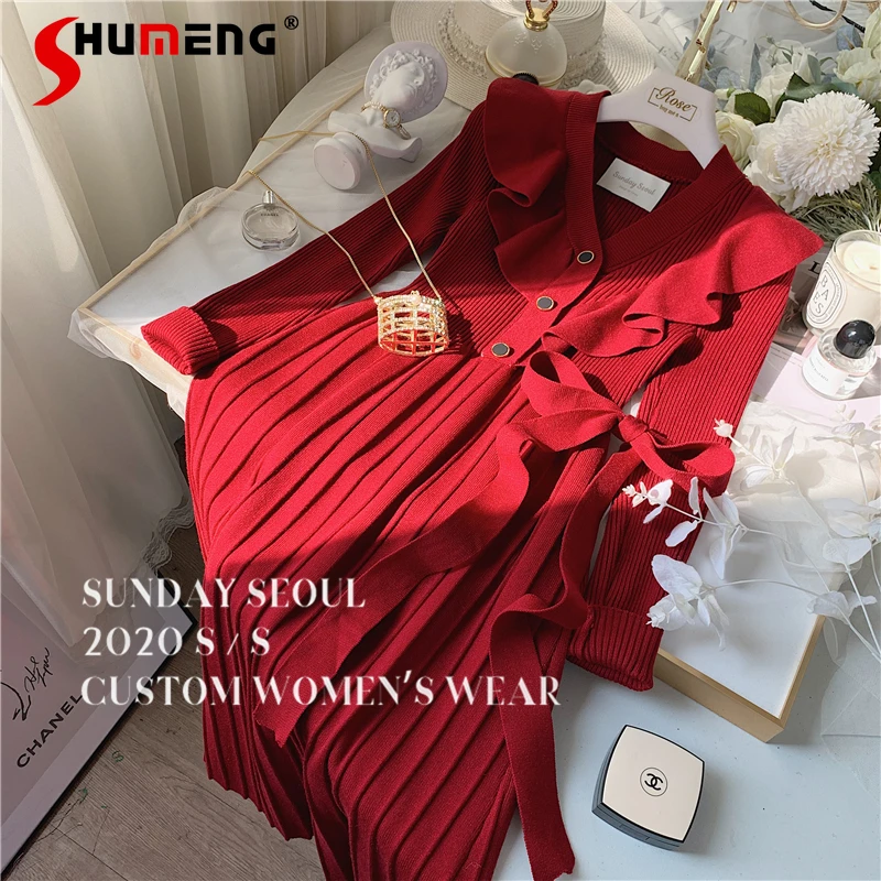 French Ruffled Collar Waist-Controlled Lace-up Knitted Dress Long Sleeve Spring Autumn V-neck Clothing Slimming Mid-length Dress 
French Ruffled Collar Waist-Controlled Lace-up Knitted Dress Long Sleeve Spring Autumn V-neck Clothing Slimming Mid-length Dress