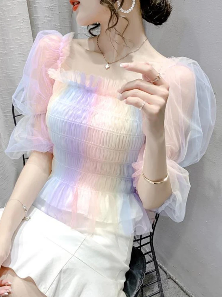 Zoki Rainbow Blouse Women Sexy Square Collar Puff Sleeve Tshirt Sweet Korean Slim All Match Tops Fashion Preppy Style Clothes
Zoki Rainbow Blouse Women Sexy Square Collar Puff Sleeve Tshirt Sweet Korean Slim All Match Tops Fashion Preppy Style Clothes