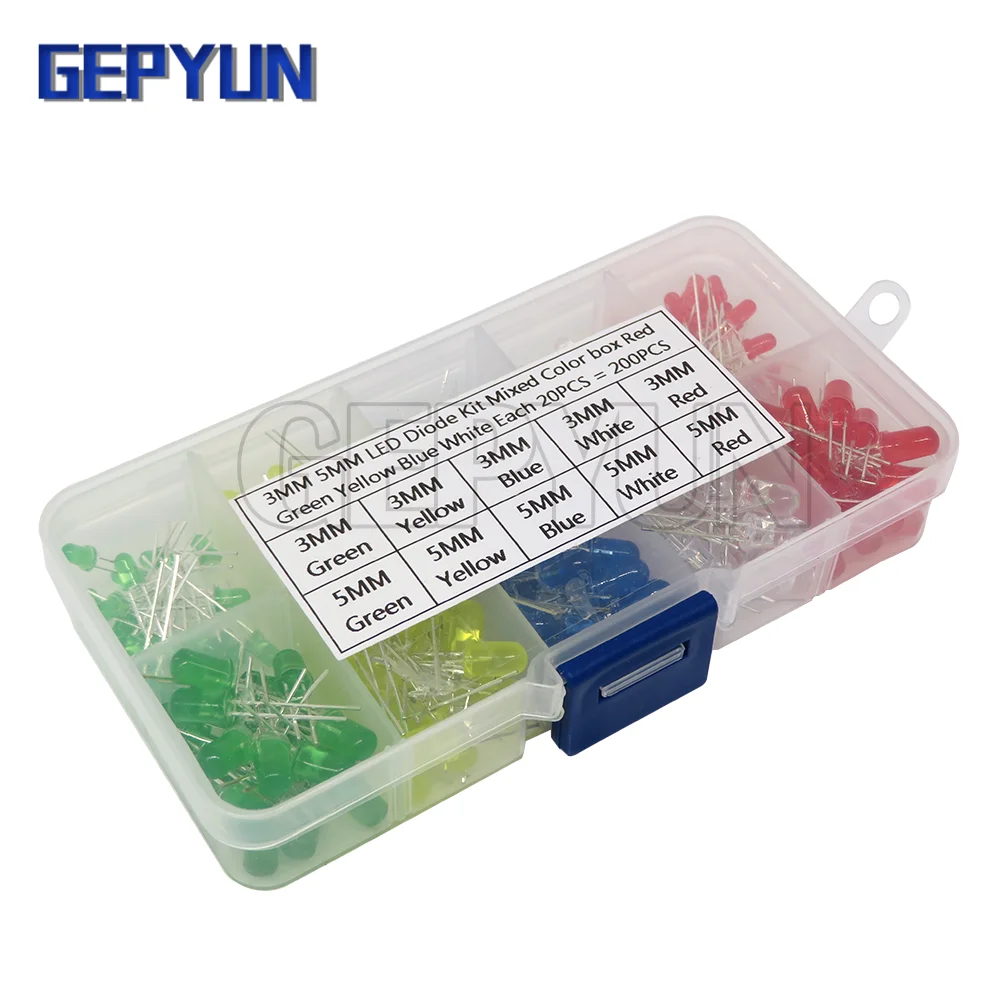 200PC 3MM 5MM Led Kit Mixed Color Red Green Yellow Blue White Light Emitting Diode Assortment In Box NEW GEPYUN
200PC 3MM 5MM Led Kit Mixed Color Red Green Yellow Blue White Light Emitting Diode Assortment In Box NEW GEPYUN