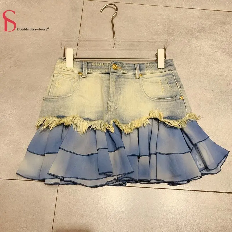 Jean Skirts Women's Design A Patchwork Ruffle Edge and Make A Distressed Yellow Fur Fringed Denim Skirt
Jean Skirts Women's Design A Patchwork Ruffle Edge and Make A Distressed Yellow Fur Fringed Denim Skirt