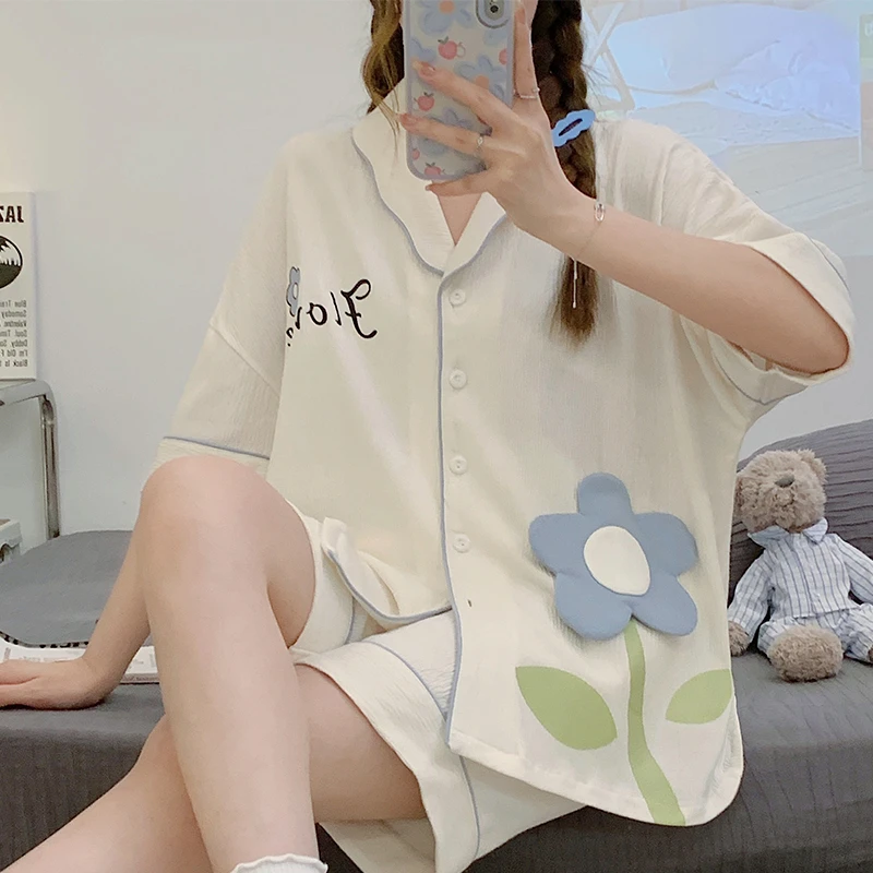 Summer Women Pajama Sets Adult Flower Printing Sleepwear Cotton Short Sleeve Pyjama Pour Femme Sweet Girl Homewear Pijama
Summer Women Pajama Sets Adult Flower Printing Sleepwear Cotton Short Sleeve Pyjama Pour Femme Sweet Girl Homewear Pijama