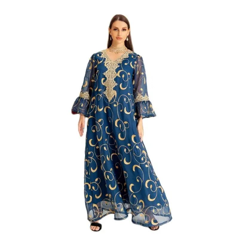 

Ramadan Muslim Dress For Women Mesh Floral Embroidery Guipure Lace Flare Sleeves Modest Fashion Dubai Long Evening Dresses