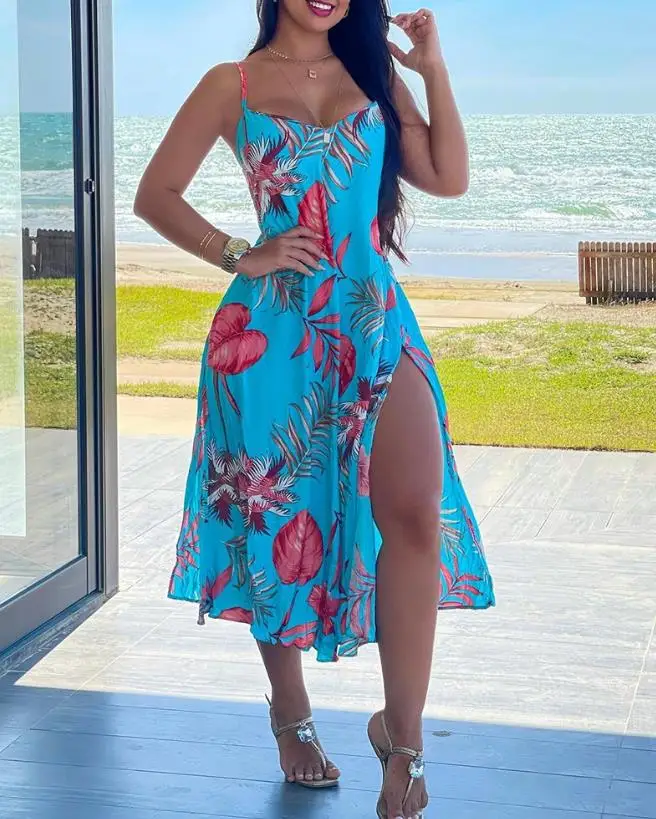 

Dresses for Women 2023 Summer New Leisure Fashion Sleeveless Sling Tropical Print Slit Cami Dress Sexy Daily Beach Vacation