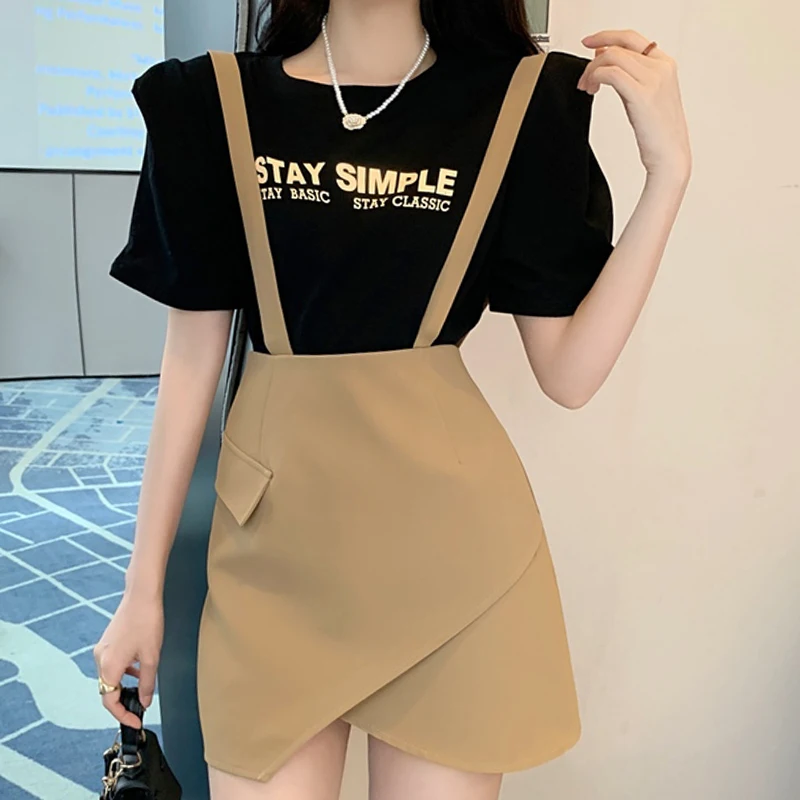 Letter Pattern Round Neck Summer New Women'S Fashion Short-Sleeved T-Shirt Solid Color All-Match Beautiful Suspender Skirt Suit
Letter Pattern Round Neck Summer New Women'S Fashion Short-Sleeved T-Shirt Solid Color All-Match Beautiful Suspender Skirt Suit