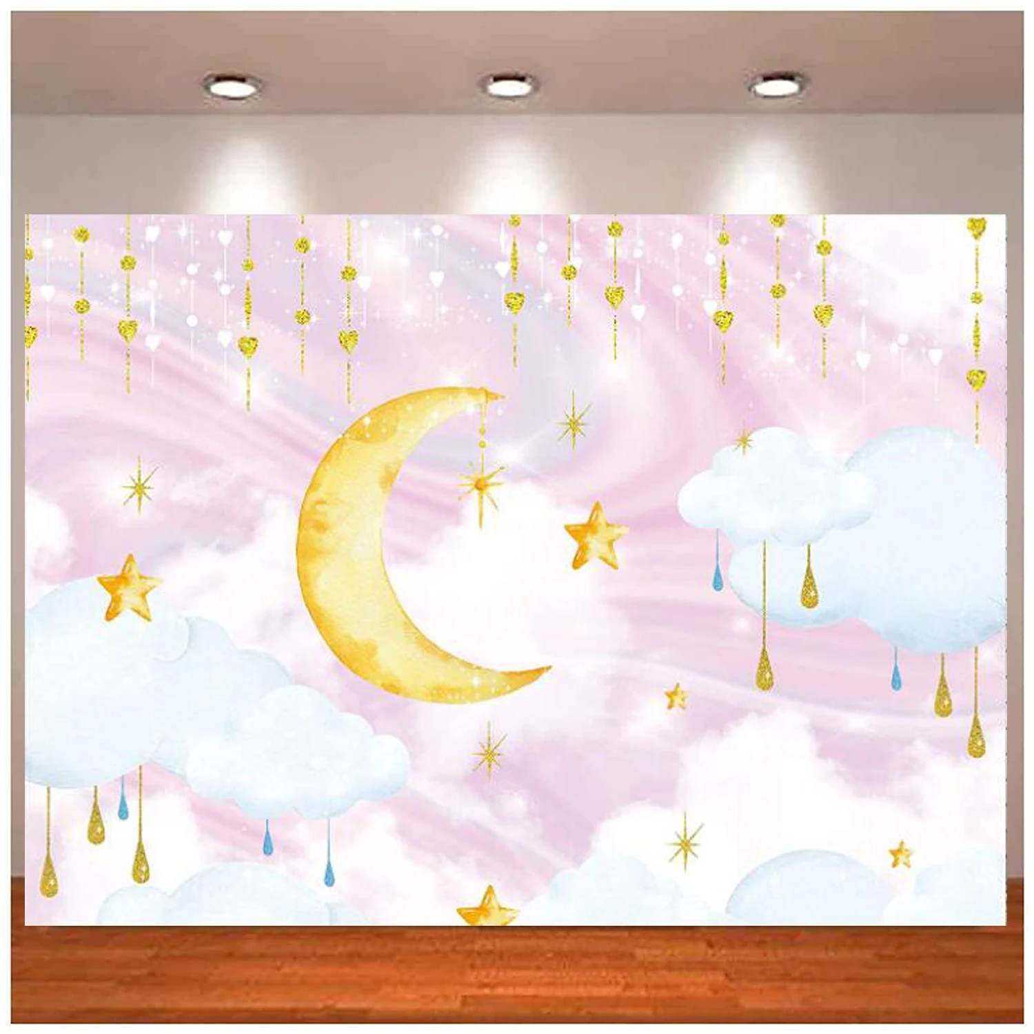 

Sweet Moon Stars Photography Backdrop Twinkle Pink White Clouds Princess Girl Baby Shower Party Birthday Banner Background Decor