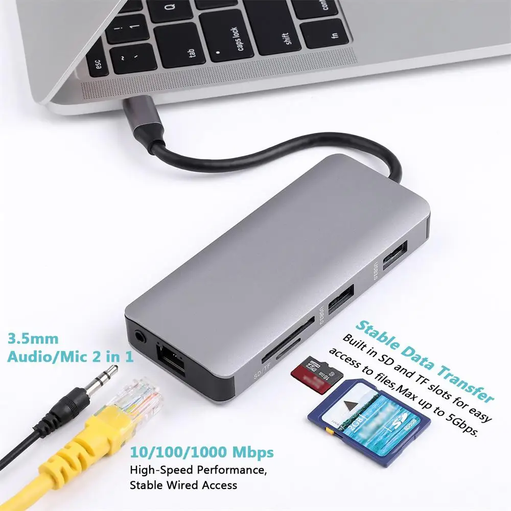 

Portable Docking Station Pd Charging 60w Usb C Multiport Hub Type C To 4k -compatible Adapter With Sd / Tf Card Reader 9 In1