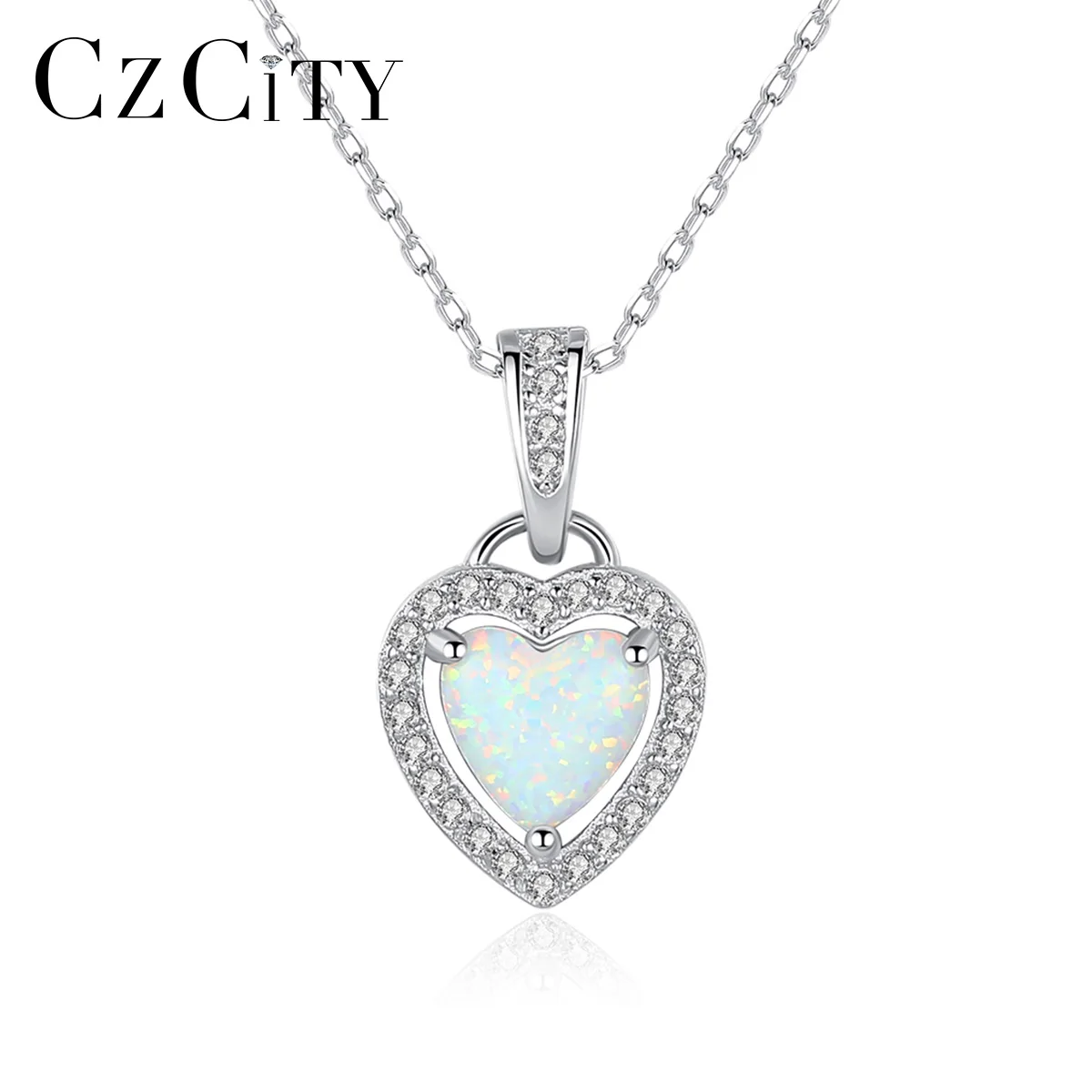 

CZCITY 925 Sterling Silver Heart Fire Opal Pendant Necklace for Women Sparkling Love Necklace Fine Jewelry Valentine's Day Gifts