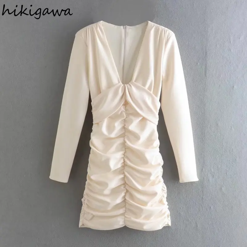 Hikigawa Women Fashion With Pleated V Neck Slim Fit Mini Dress Vintage Long Sleeve Back Zipper Female Dresses Vestidos Mujer
Hikigawa Women Fashion With Pleated V Neck Slim Fit Mini Dress Vintage Long Sleeve Back Zipper Female Dresses Vestidos Mujer