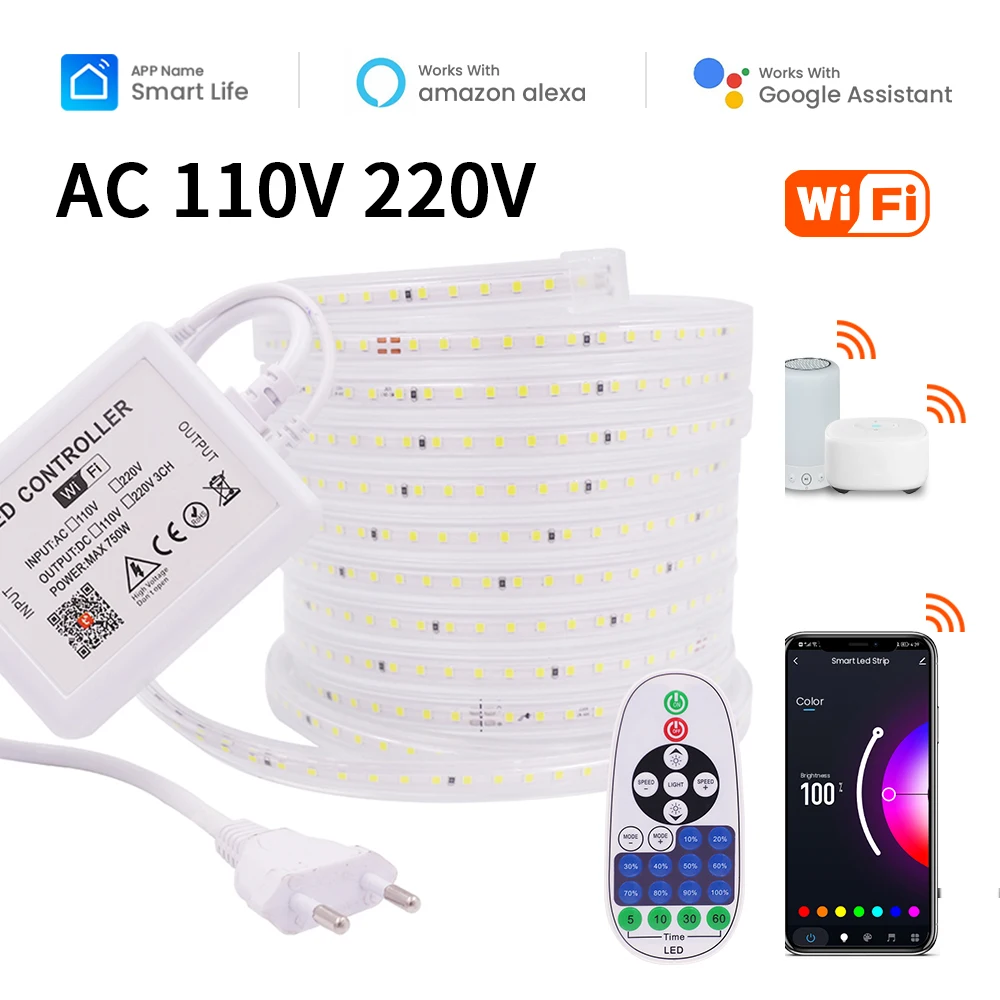 AC 110V 220V Tuya Smart Life WiFi Dimmerable LED Strip Waterproof 120Leds/M Alexa Google Home Flexible Ribbon Tape Rope Light
AC 110V 220V Tuya Smart Life WiFi Dimmerable LED Strip Waterproof 120Leds/M Alexa Google Home Flexible Ribbon Tape Rope Light