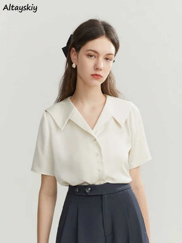 Women Shirts Pure Simple Elegant French Style Trendy Office Mujer Temperament All-match Loose Summer Causal Short Sleeve
Women Shirts Pure Simple Elegant French Style Trendy Office Mujer Temperament All-match Loose Summer Causal Short Sleeve