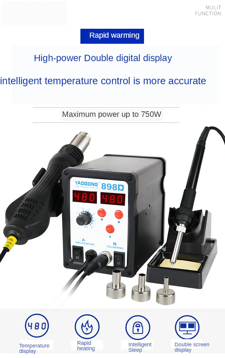 YAOGONG 898D LED digital display adjustable constant temperature electric soldering iron 2 in 1 hot air gun
YAOGONG 898D LED digital display adjustable constant temperature electric soldering iron 2 in 1 hot air gun