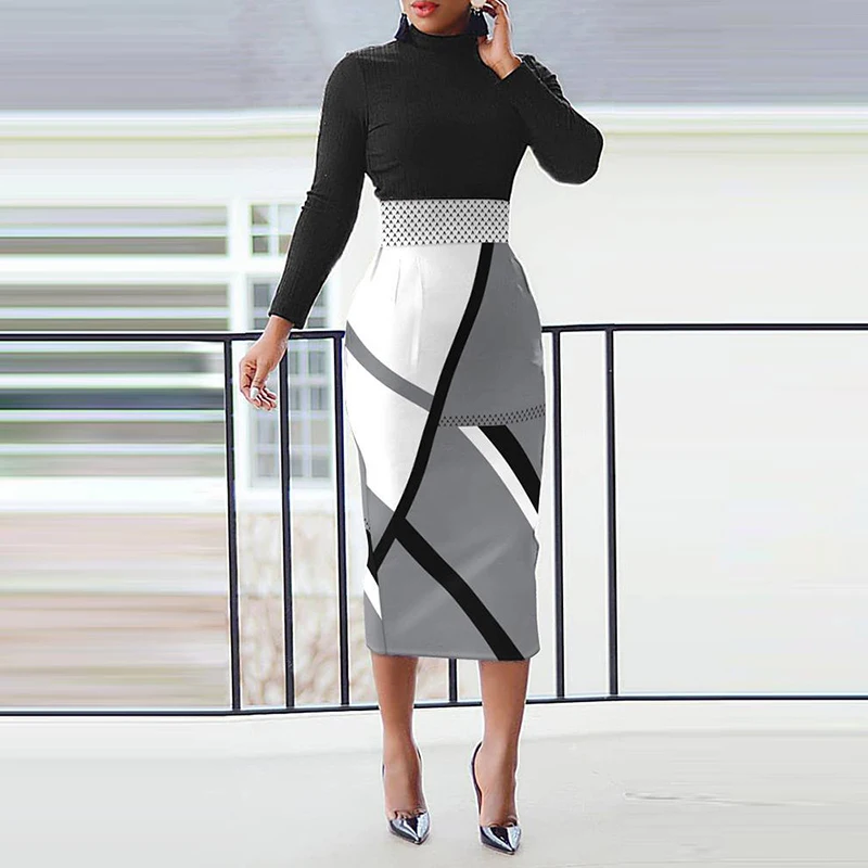 Women Casual Turtleneck Long Sleeve Party Dress Elegant Pattern Print Patchwork Midi Dress Office Fashion Commuter Bodycon Dress
Women Casual Turtleneck Long Sleeve Party Dress Elegant Pattern Print Patchwork Midi Dress Office Fashion Commuter Bodycon Dress