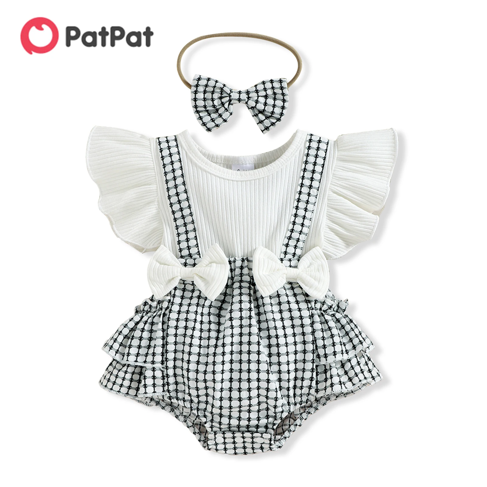 

PatPat 2pcs Baby Girl 95% Cotton Ribbed Ruffle-sleeve Bowknot Splicing Plaid Layered Romper with Headband Set
