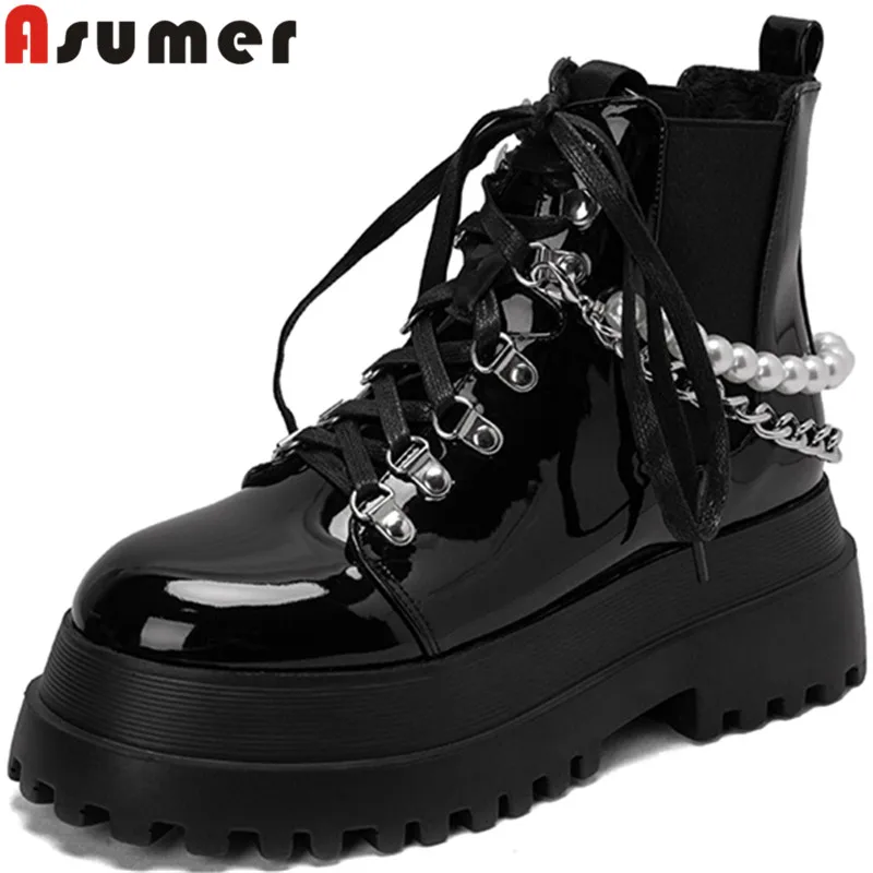 ASUMER 2022 Size 35-44 New String Bead Patent Leather Lace Up Ankle Boots Flat With Heels Boots Woman Ladies Platform Shoes
ASUMER 2022 Size 35-44 New String Bead Patent Leather Lace Up Ankle Boots Flat With Heels Boots Woman Ladies Platform Shoes