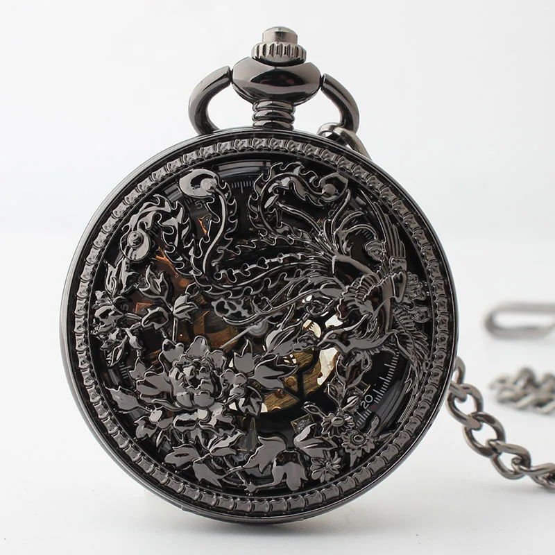 

15 Design 5PCS Luxury Black Mechanical Pocket Watch for Men Male Skeleton Steampunk Orologio Man Fob Chain Roman Numeral Clock