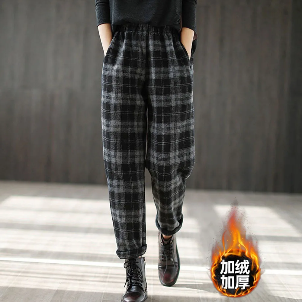 Autumn Vintage Woolen Plaid Stitching Women Elastic Waist Ankle-length Pants Women's Harem Pants 2022 New Winter 
Autumn Vintage Woolen Plaid Stitching Women Elastic Waist Ankle-length Pants Women's Harem Pants 2022 New Winter