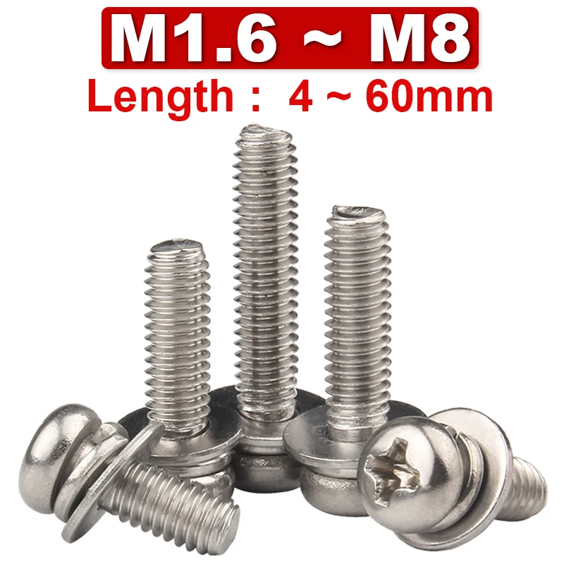 M1.6M2M2.5M3M4M5M6 M8 Round Head Phillips Machine Screw with Washer/spring Washer 304 Stainless Steel Pan Head Screw Combination
M1.6M2M2.5M3M4M5M6 M8 Round Head Phillips Machine Screw with Washer/spring Washer 304 Stainless Steel Pan Head Screw Combination