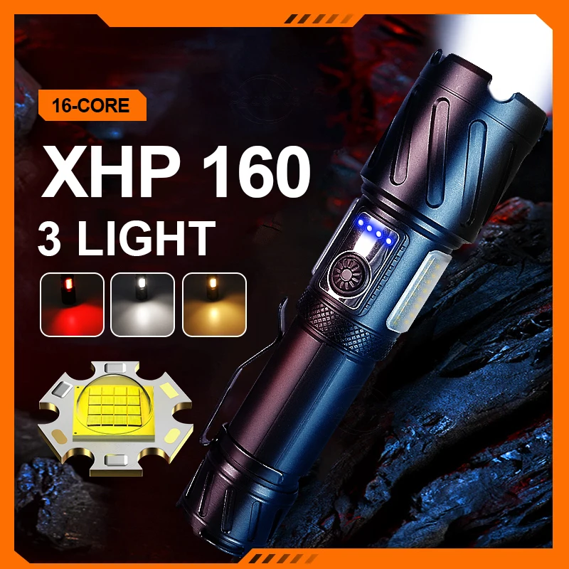 

XHP160 18650 High Power Led Flashlights USB Tactical Rechargeable Torch Hunting Camping Flash Light Zoom Emergency Self Defense