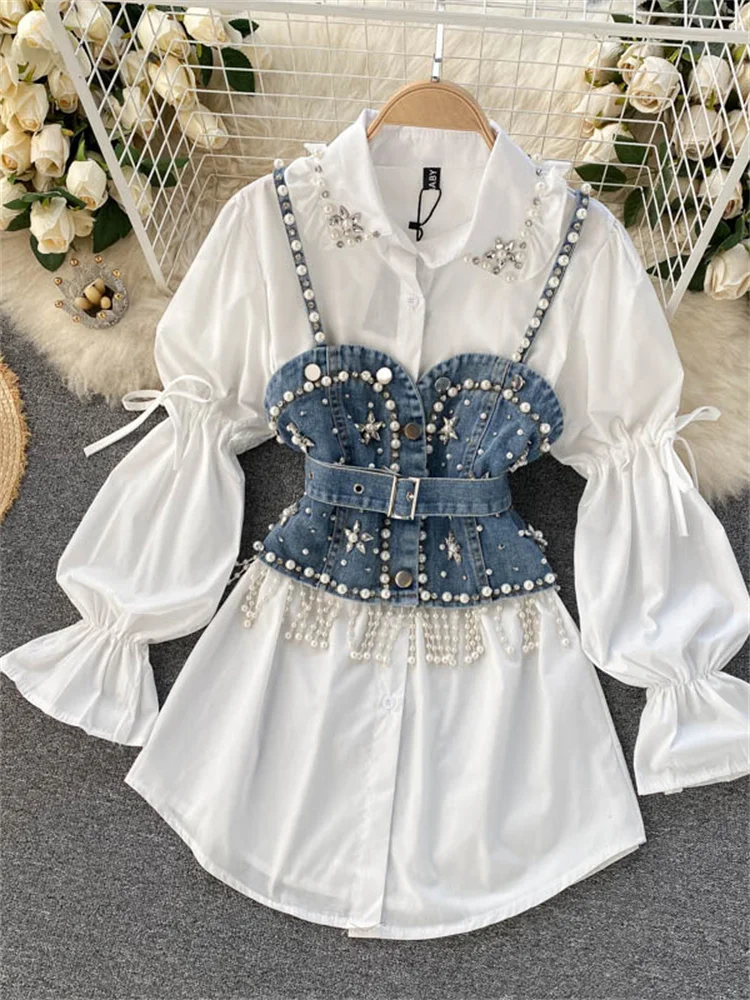 High Quality Shinny Diamond Beaded Denim Vest White Shirt Dress 2pcs Suits Puff sleeve Blouse + Tassel Pearl Denim Vest Sets
High Quality Shinny Diamond Beaded Denim Vest White Shirt Dress 2pcs Suits Puff sleeve Blouse + Tassel Pearl Denim Vest Sets
