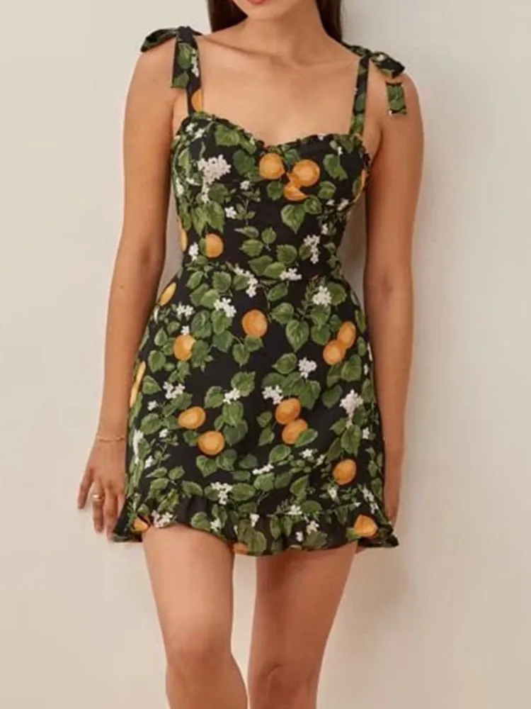 

Женское мини-платье без рукавов, платье в стиле ретро с принтом листьев зеленого и оранжевого цветов, платье для отпуска с оборками на Подол...