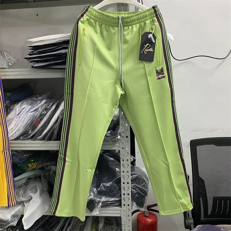 

New Yellow Green Stripes Needles Sweatpants Men Women Poly Smooth Track Pants Butterfly Embroidery Trousers Hip Hop