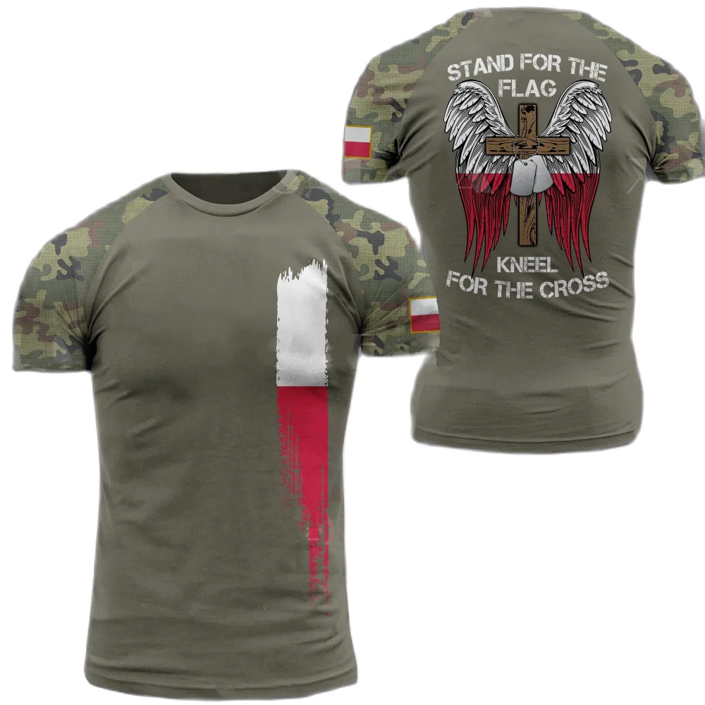 

Summer Army Men's 3D T-shirt, Polish Flag Printed Clothing, Veterans, Oversized Loose Fitting, Round Neck Short Sleeves