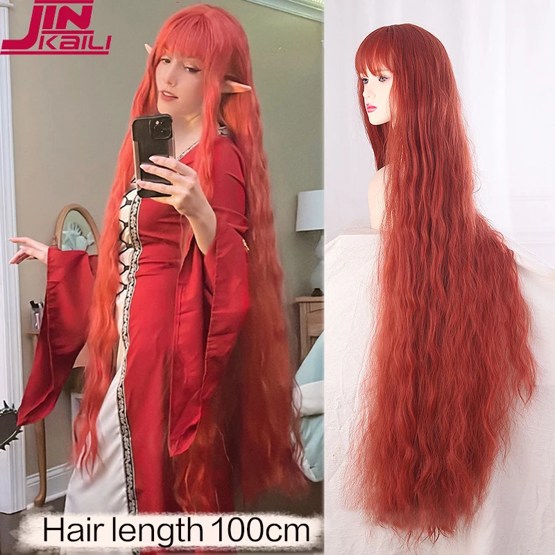 

100cm Synthetic Long Curly Cosplay Wig With Bang Red Light Blonde Cute Lolita Wig Women Wigs Halloween Cosplay Wig Female