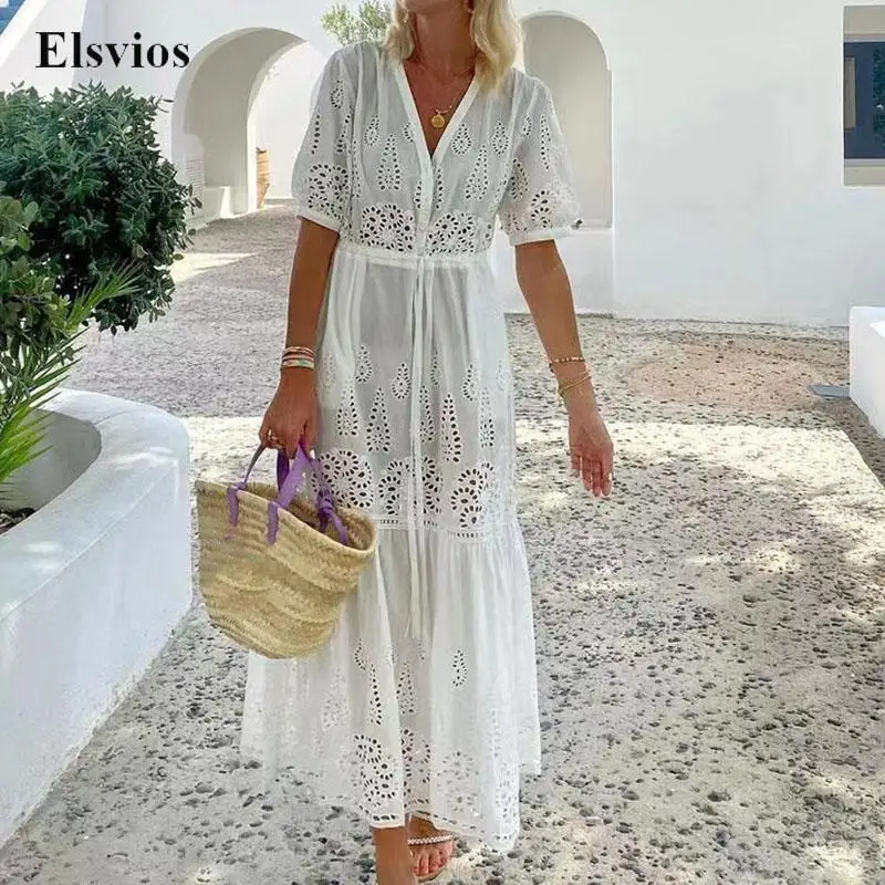 Женское повседневное кружевное ажурное платье, элегантное пикантное длинное платье Бохо С V-образным вырезом, однотонные модные пляжные праздничные платья на завязках
Женское повседневное кружевное ажурное платье, элегантное пикантное длинное платье Бохо С V-образным вырезом, однотонные модные пляжные праздничные платья на завязках