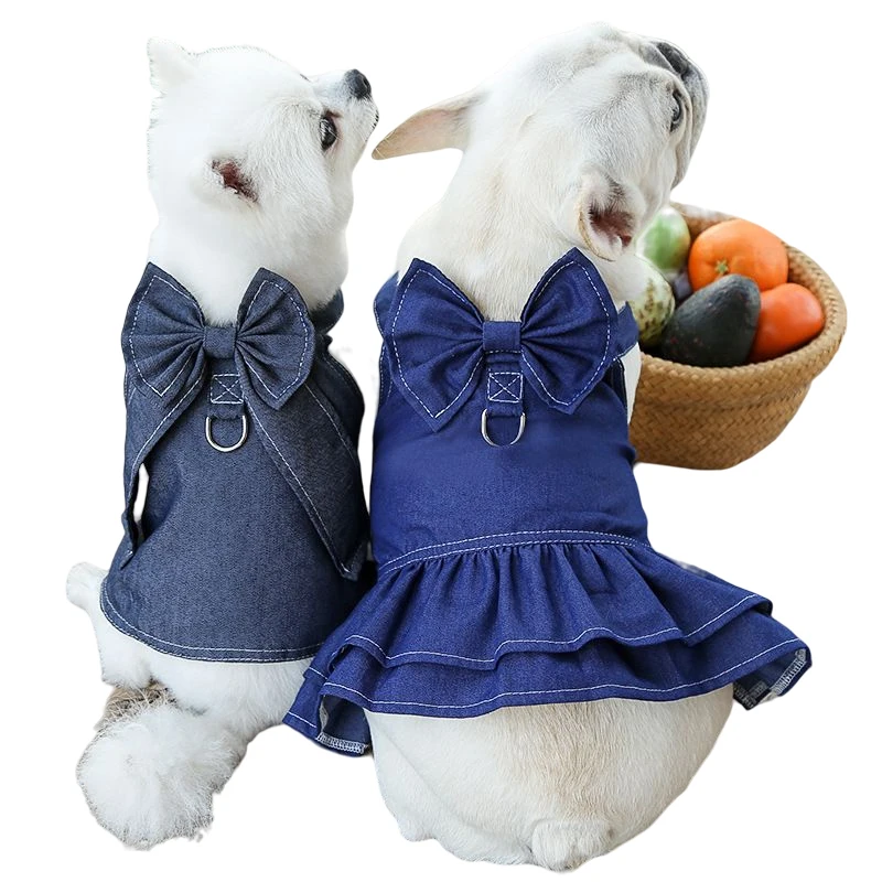 

Bowknot Jean Pet Dog Clothes Summer Dress For Small Dogs Cat Chihuahua York French Bulldog Medium Puppy Skirt TShirt Fancy Dress