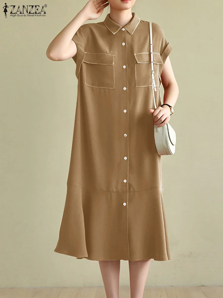 

Платье ZANZEA женское с коротким рукавом, модная рубашка в офисном стиле, с воротником с лацканами, повседневный однотонный свободный сарафан ...