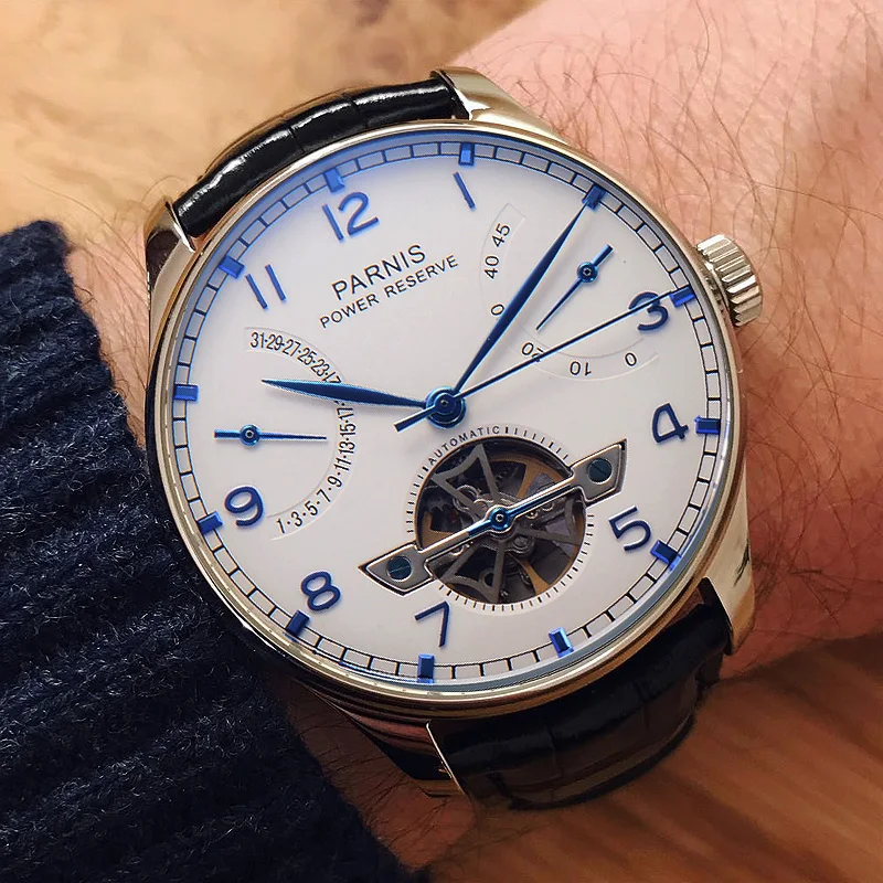 

Fashion Parnis 43mm White Skeleton Dial Automatic Mechanical Men's Watch Calendar Power Reserve Tourbillon Watches reloj hombre