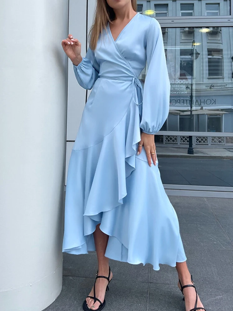 Chicheca Irregular Ruffle Trimmed Lantern Sleeve Satin Elegant Dress Spring Summer V Neck Wrap Sky Blue Long Vestido Brown
Chicheca Irregular Ruffle Trimmed Lantern Sleeve Satin Elegant Dress Spring Summer V Neck Wrap Sky Blue Long Vestido Brown