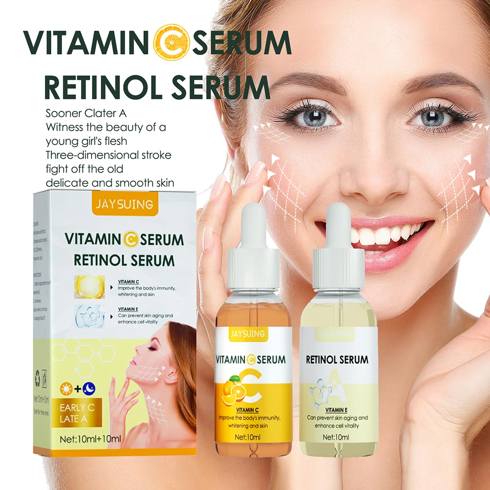 

2pcs Vitamin C Retinol Face Serum Anti Aging Collagen Moisturizing Whitening Brightening Lighten Spots Face Essence Skin Care