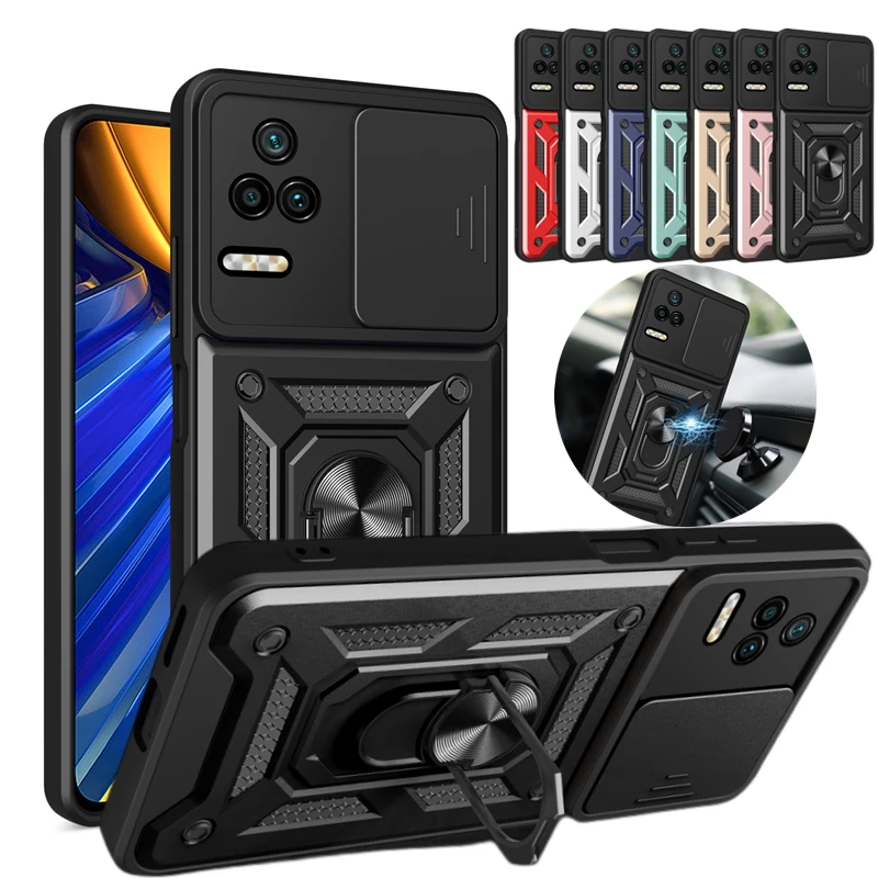 

For Xiaomi Poco F4 5G Case Slide Camera Armor Phone Case For Mi Pocophone Poko Poxo Little F 4 PocoF4 Car Ring Holder Back Cover