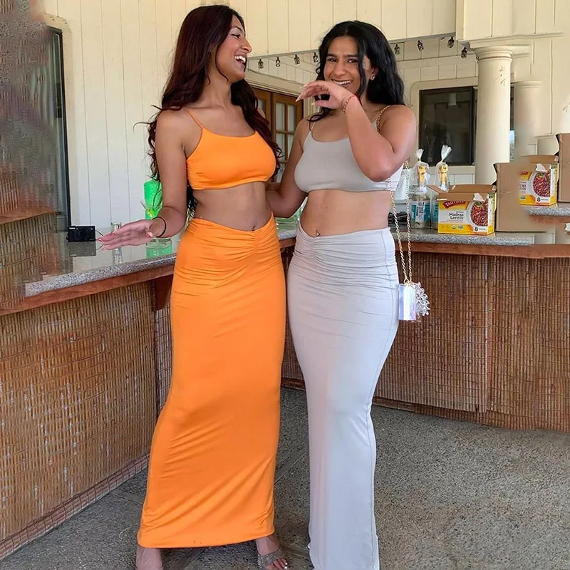 

Orange Bodycon Dress Set Club Party Co-ords Sets Women Sexy Backless Crop Top and Ruched Maxi Skirt Suit Summer 2 Piece Outfits