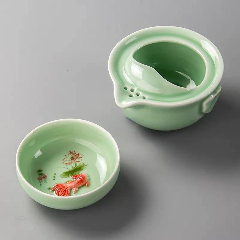 

Высококачественная портативная посуда для напитков Gaiwan Celadon с 3D карпом для путешествий кунг-фу чайный набор включает 1 чайник + 1 чашку офисный чайник чашка