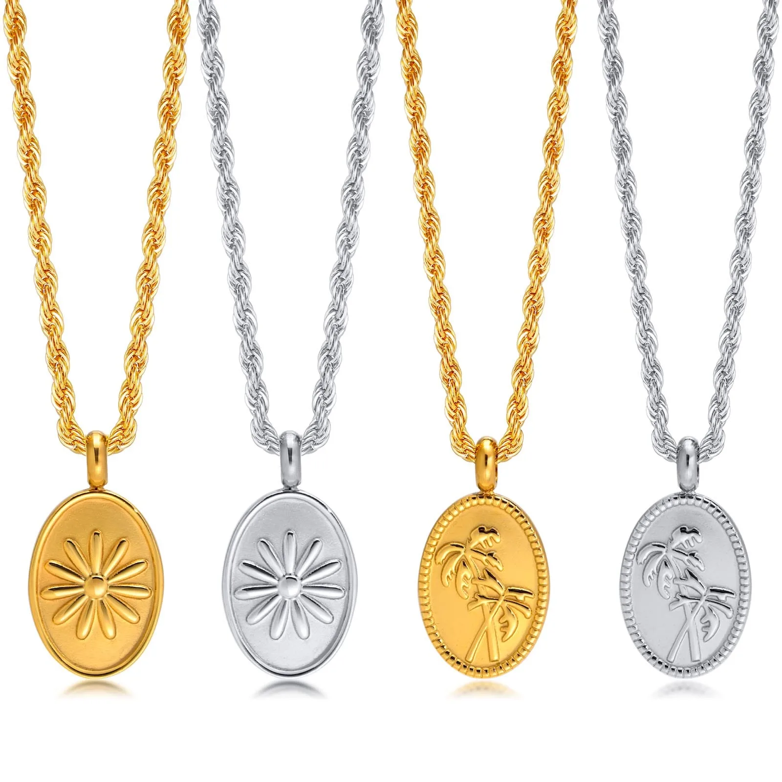 Chic Flower Coconut Tree Stamp Necklaces for Women Jewelry,2022 New Fashion Stainless Steel Oval Round Pendant with Rope Chain 
Chic Flower Coconut Tree Stamp Necklaces for Women Jewelry,2022 New Fashion Stainless Steel Oval Round Pendant with Rope Chain
