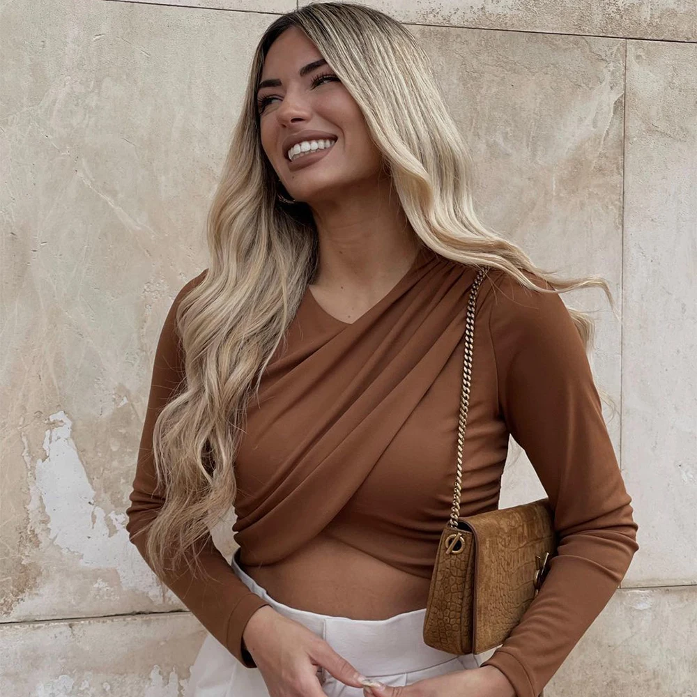 2022 Women Pleated Short Blouse Round Neck Long Sleeves Brown Cropped Top Spring Summer Chic Lady Elegant Crop Shirt
2022 Women Pleated Short Blouse Round Neck Long Sleeves Brown Cropped Top Spring Summer Chic Lady Elegant Crop Shirt