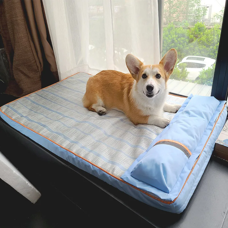 

Летняя кровать для собак с подушкой, коврик для маленьких, средних и больших собак, коврик для сна из ледяного шелка, съемная моющаяся кровать для домашних питомцев