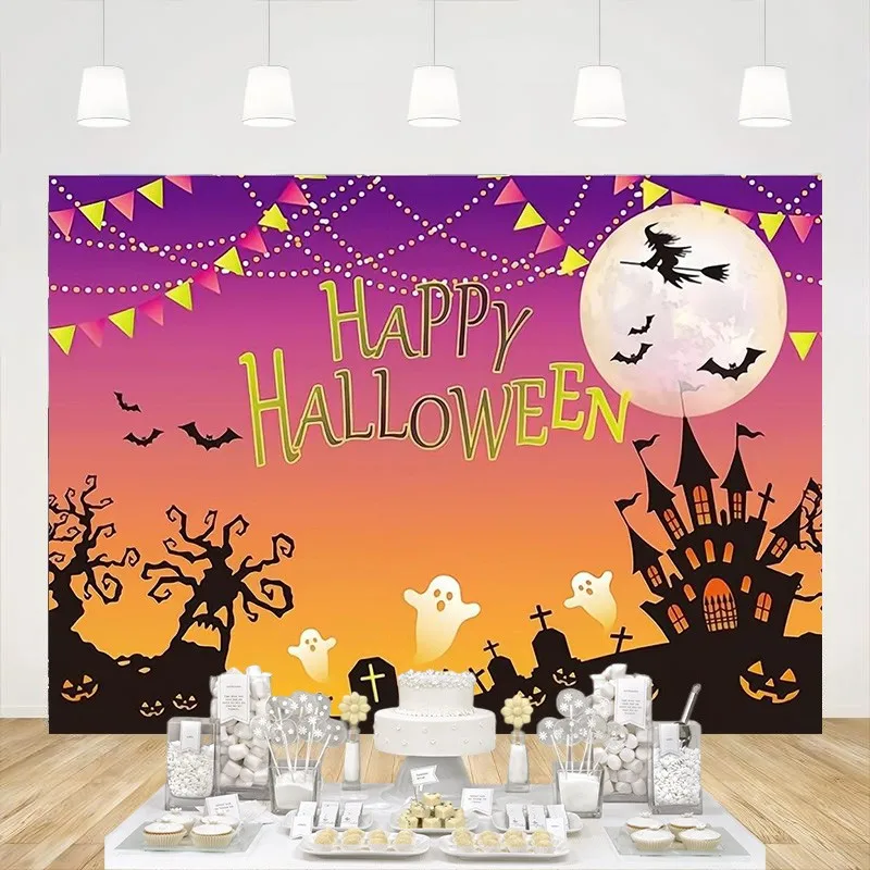 

Halloween Pumpkin Backdrop Orange Night Moon Photography Background Scary Bat Ghost Cemetery Theme Party Supplies Banner Props