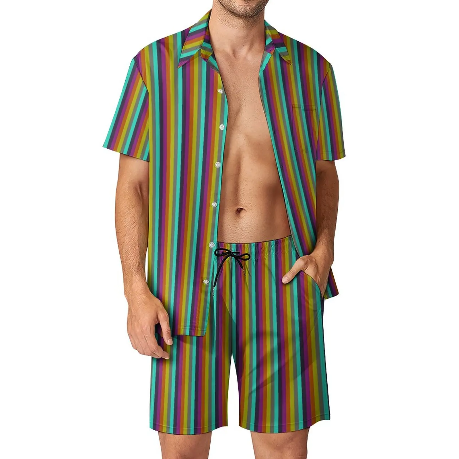 

Пляжный Мужской комплект из 2 предметов, радужная полоска, разноцветный принт, Повседневная рубашка, летние шорты с графическим принтом, винтажный костюм размера плюс 2XL 3XL