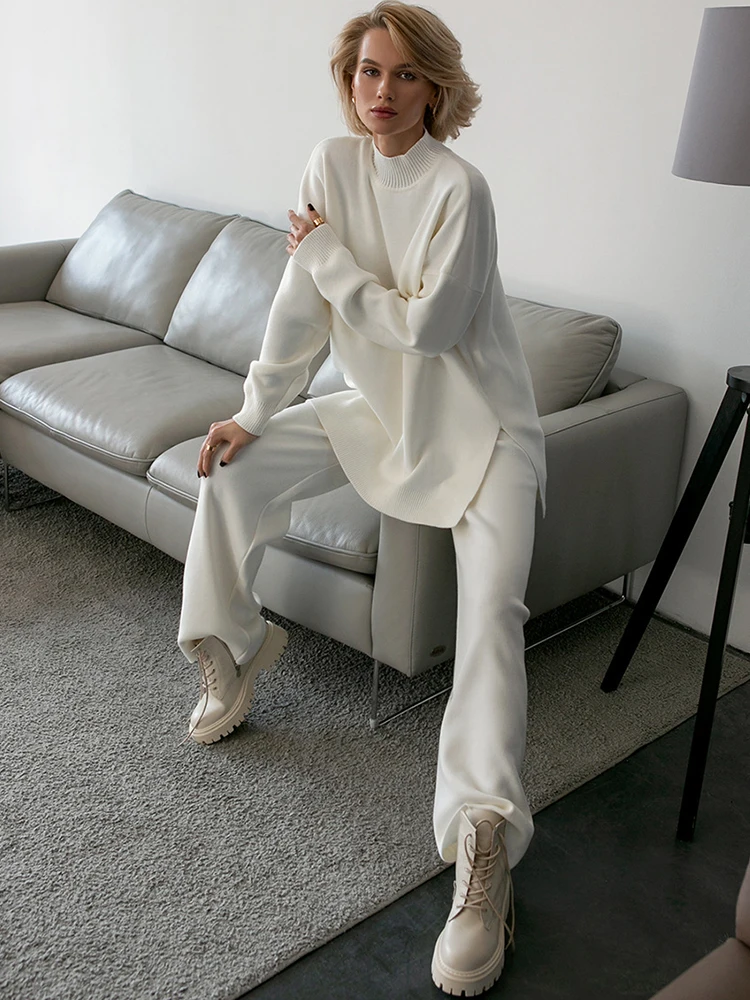 Зимний женский комплект из 2 предметов, Повседневная водолазка, свободные вязаные свитера и мешковатые трикотажные брюки с высокой талией 
Зимний женский комплект из 2 предметов, Повседневная водолазка, свободные вязаные свитера и мешковатые трикотажные брюки с высокой талией