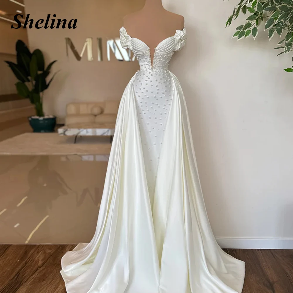 Shelina Fashionable V-neck Evening Dress Off the Shoulder Pearls Pleat Sweep train Backless Robes De Soirée 2024 Customized 
Shelina Fashionable V-neck Evening Dress Off the Shoulder Pearls Pleat Sweep train Backless Robes De Soirée 2024 Customized